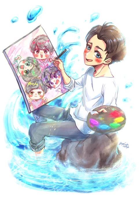 #嵐のワクワク学校オンライン #ワクワク展覧会 
@wakuwaku_online 
折角なのでPCから高画質で?
センスが無いんで正統派イラストですが…?
世界を"5色"で彩る嵐さんの筆頭、
大野先生を描きました!
キャンバスは未完成、今から大野さんが
自分を描こうとしている所です☺ 