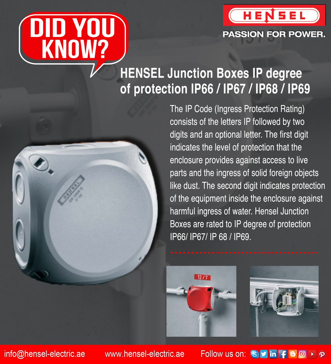 Hensel_Electric's tweet image. Did You Know?
HENSEL Junction Boxes IP degree of protection IP66/ IP67/ IP68/ IP69

#Hensel #junctionboxes #IPcode #ingressprotectionrating #protection #enclosure