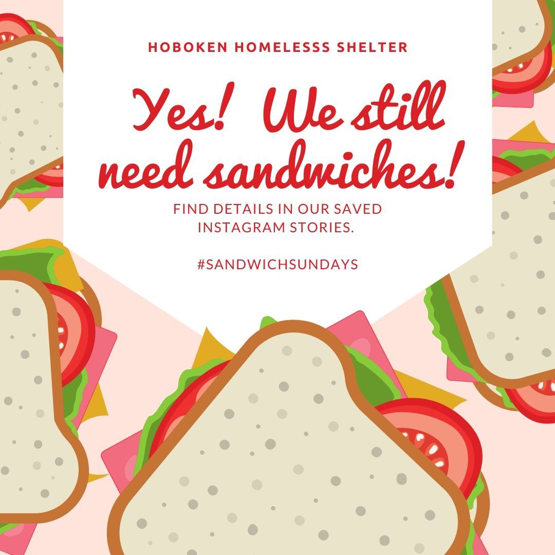 hobokenshelter's tweet photo. #sandwichsundays We are still in need of and accept sandwiches.  Drop off 9am-9pm on Bloomfield St.  Individually wrapped preferred. Contactless drop off available call 201-656-5069 when you arrive. https://t.co/0jr6WCihV8