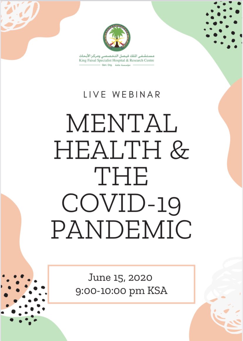 YasminAltwaijri's tweet photo. Join us in our upcoming webinar:
Mental Health &amp; the Covid-19 Pandemic.

This webinar brings together leading mental health eperts to discuss the impact of Covid-19 on mental health

⏱ Monday, June 15,2020 at 9pm KSA
Registration:
https://t.co/JmmDExaBrd

#COVID19 #mentalhealth https://t.co/j4ZQXrbAOT