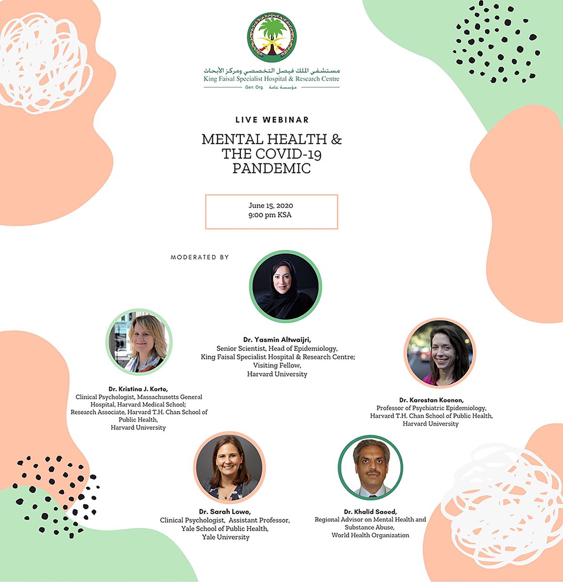 YasminAltwaijri's tweet photo. Join us in our upcoming webinar:
Mental Health &amp; the Covid-19 Pandemic.

This webinar brings together leading mental health eperts to discuss the impact of Covid-19 on mental health

⏱ Monday, June 15,2020 at 9pm KSA
Registration:
https://t.co/JmmDExaBrd

#COVID19 #mentalhealth https://t.co/j4ZQXrbAOT