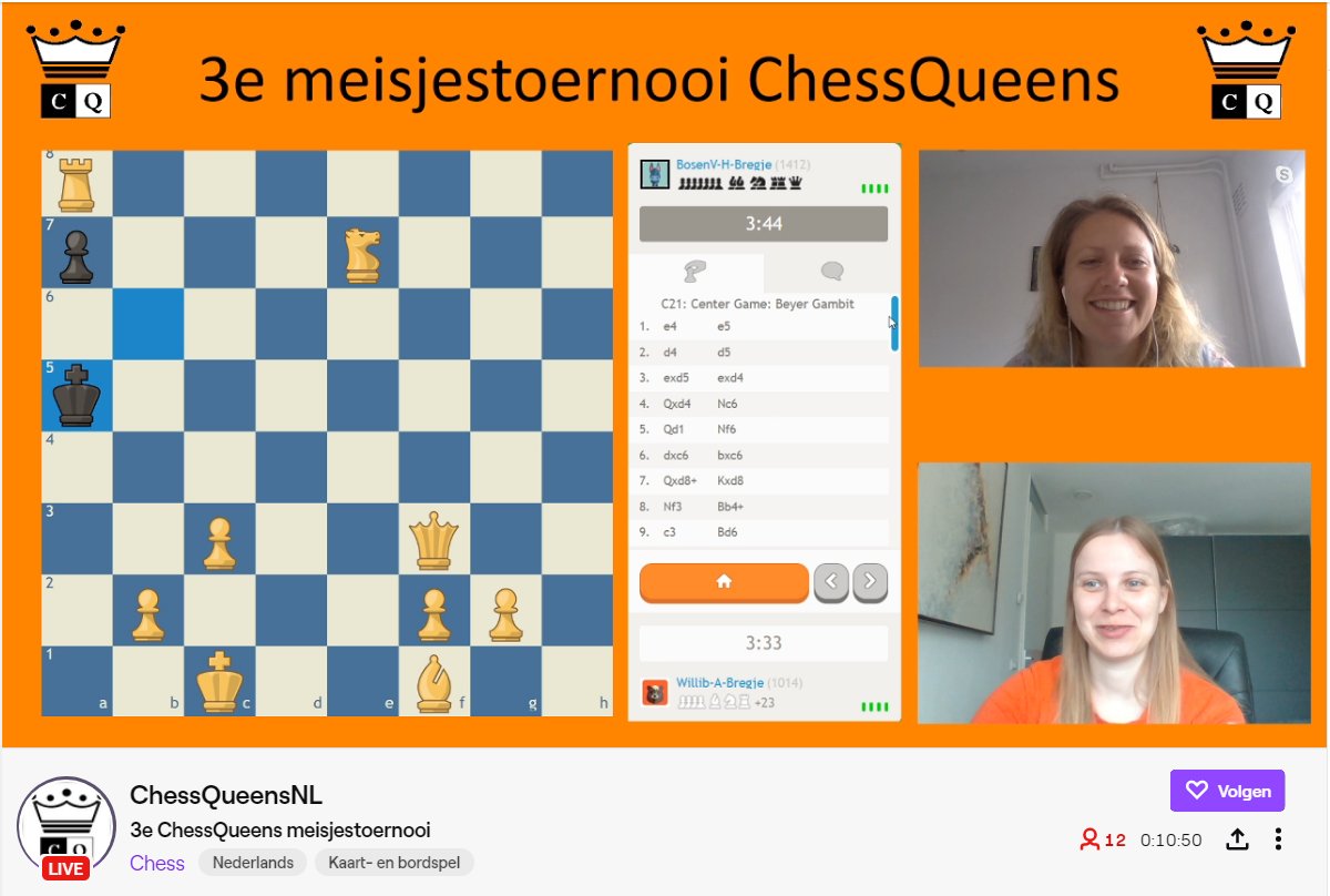 De ChessQueens zijn live op Twitch en geven commentaar op het meisjestoernooi! Volg het hier: twitch.tv/chessqueensnl