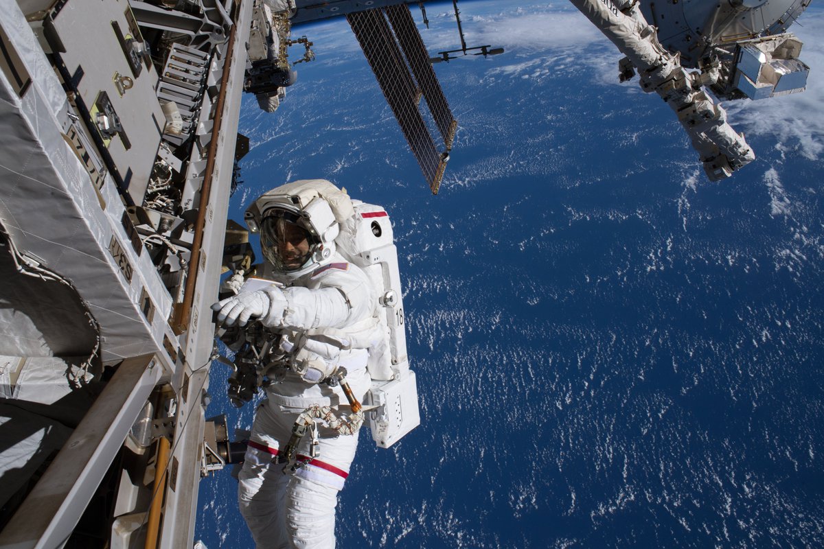 aisoffice's tweet photo. OTD in 2018 @astro_ricky (EV1/red stripes) &amp; @Astro_Feustel (EV2/no stripes), during a 6h 49m EVA,  installed a new HD camera on Harmony node &amp; completed several get-ahead tasks. Having completed 2 EVAs together during EO-55 this was their 1st for EO-56 &amp; the 211th ISS EVA. https://t.co/8Y7vd4hBXm