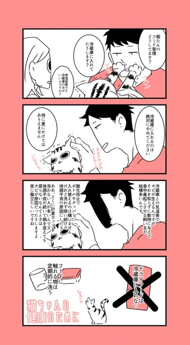 猫ちゃんのドライフードは冷蔵庫にいれちゃいけないよって話。あんなにしゃべる先生初めてみた。 