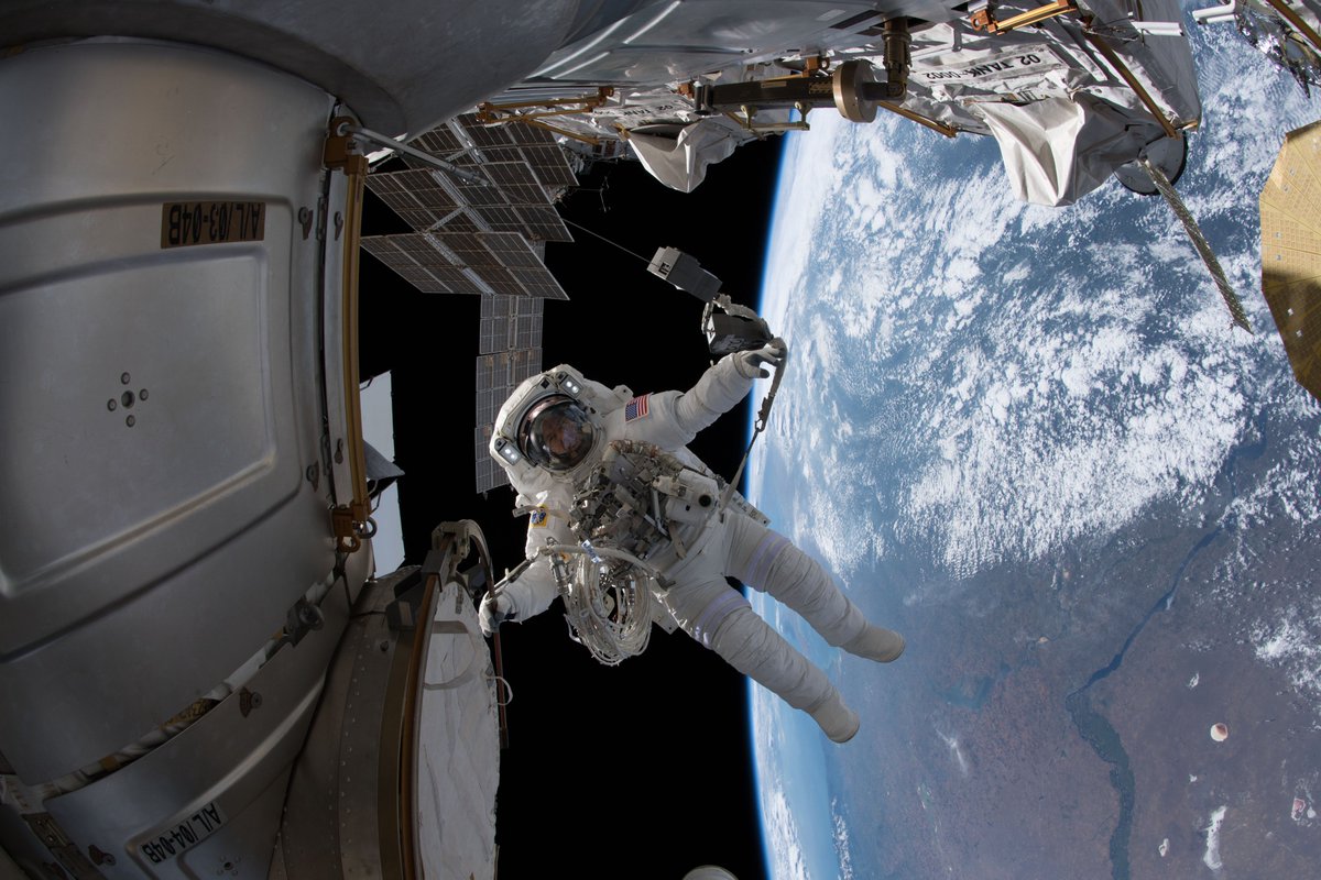 aisoffice's tweet photo. OTD in 2018 @astro_ricky (EV1/red stripes) &amp; @Astro_Feustel (EV2/no stripes), during a 6h 49m EVA,  installed a new HD camera on Harmony node &amp; completed several get-ahead tasks. Having completed 2 EVAs together during EO-55 this was their 1st for EO-56 &amp; the 211th ISS EVA. https://t.co/8Y7vd4hBXm