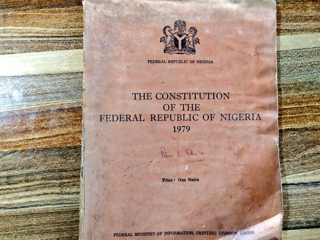 - Sunday Concord newspaper from 1985.- 1979 Constitution of Nigeria (Purchased for One naira).- Map of Nigeria as at 1985 (Containing Old Imo state, Bendel State & Gongola State)- Federal highway code of Nigeria (1972).