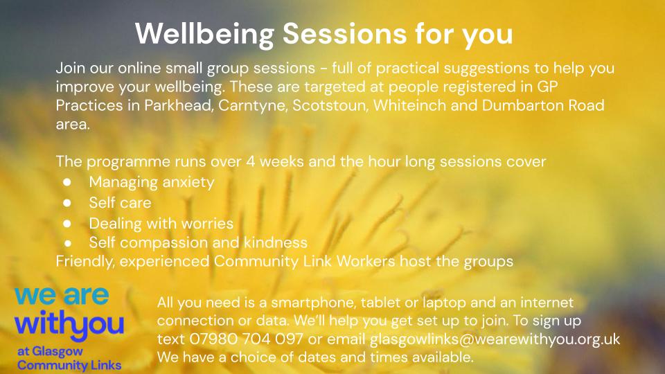 WeAreWithYou Glasgow Links (@welinksglasgow) on Twitter photo Help us share the word about the new online wellbeing workshops - open to folks in Parkhead and Carntyne ... <a href="/EastbankAcademy/">Eastbank Academy</a> <a href="/ParkheadSchool/">Parkhead Primary</a> <a href="/headteacher15/">Winter Gardens Nursery</a> parents dealing with all that homeschooling!! SOOOO easy to register here forms.gle/wYrunpvYdPQqrQ… further info below 👇👇 Help us share the word about the new online wellbeing workshops - open to folks in Parkhead and Carntyne ... <a href="/EastbankAcademy/">Eastbank Academy</a> <a href="/ParkheadSchool/">Parkhead Primary</a> <a href="/headteacher15/">Winter Gardens Nursery</a> parents dealing with all that homeschooling!! SOOOO easy to register here forms.gle/wYrunpvYdPQqrQ… further info below 👇👇