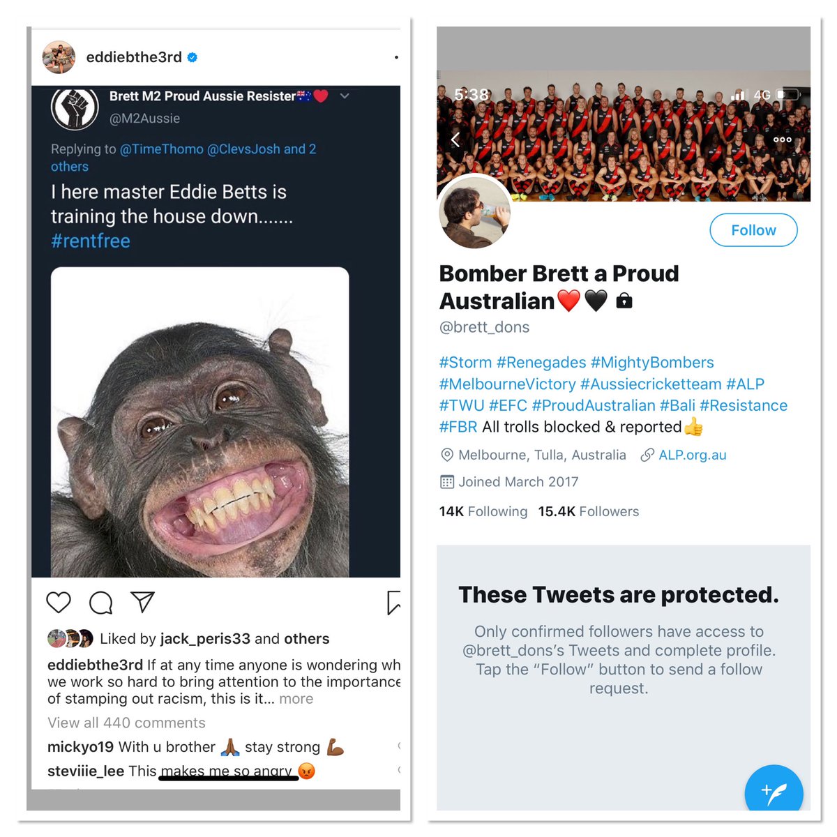 The <a href="/AFL/">AFL</a> &amp; <a href="/essendonfc/">Essendon FC</a> (if he’s a dons member) need to come down hard on this #racist @brett_dons who changed his twitter handle from @M2Aussie after tweeting this filth - there has to be zero tolerance on this shit and systemic change! How much more has #eddiebetts got to cop?!