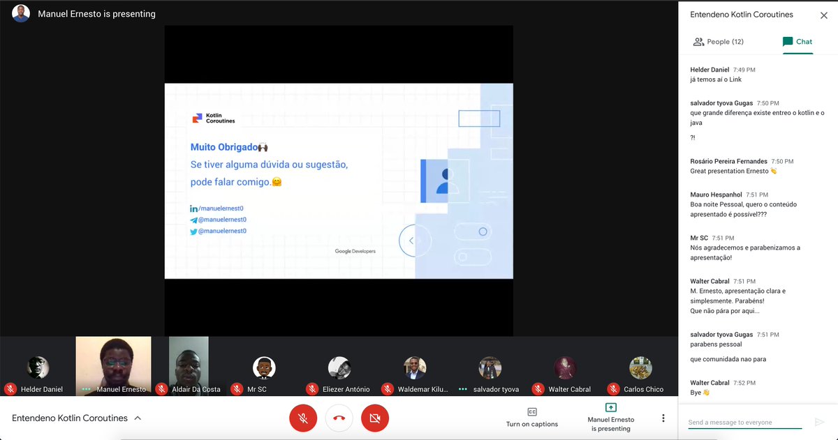 GdgLubango's tweet image. Obrigado 🙌🏿 a  todos que se juntaram ao nosso primeiro Meetup online, onde  @manuelernest0 falou-nos sobre kotlin coroutines🚀

#GDG #gdglubango #KotlinCoroutines #kotlin @AndroidDev @kcleusio @gdg