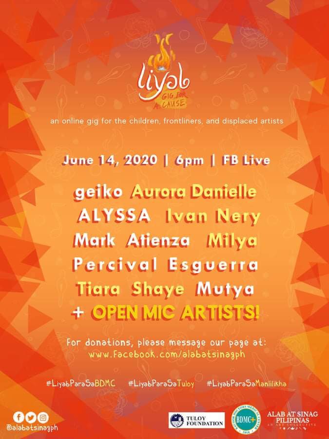 LIYAB
An online gig for the children, front liners &amp; displaced artists by <a href="/alabatsinagph/">Alab at Sinag Pilipinas</a>.

<a href="/musikalyssa/">ALYSSA</a> &amp; <a href="/milyamusicph/">Milya</a>!

#NormalizeBusking