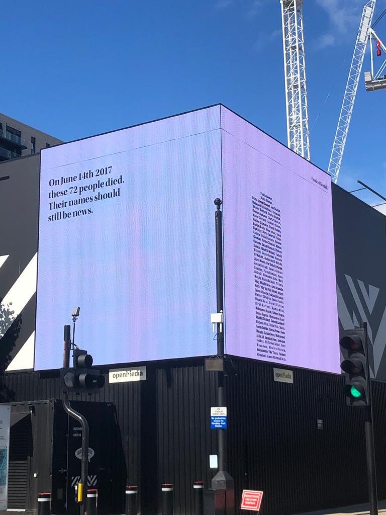openmediauk's tweet photo. Three years ago today, 72 people died in the Grenfell Tower tragedy. We are proud to have their names displayed on our @BoxparkWembley site. We will never forget 💚 https://t.co/iPJ1DElNiw
