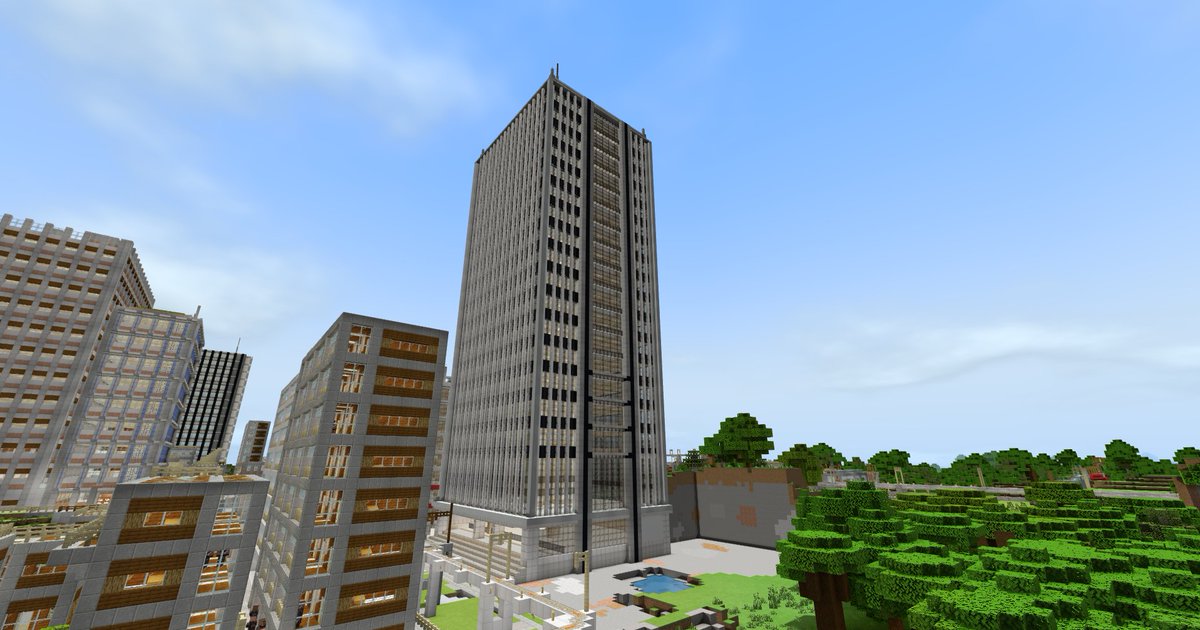 6g Creator W 夜投稿 建築 現代風のビルを製作しました 新分野に挑戦したので装飾はシンプルに白黒のデザインを採用し 黒ガラス 白い柱で縦筋のデザインにしました 屋上設備は緑化に加え環境に配慮した形です Minecraft建築コミュ バニラ