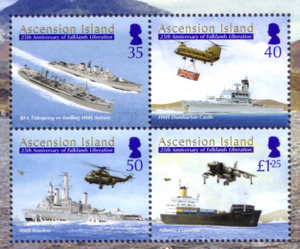 #OTD 14 June 1982 marked the end of the Falklands War
These four stamps issued by Ascension Island in 2007 in a miniature sheet - Falkland Liberation 25th Anniversary
The 35p stamp features RFA Tidespring RASing HMS Antrim 
#OperationCoperate #RFA #FalklandsWar #Falklands82 🇬🇧🇫🇰