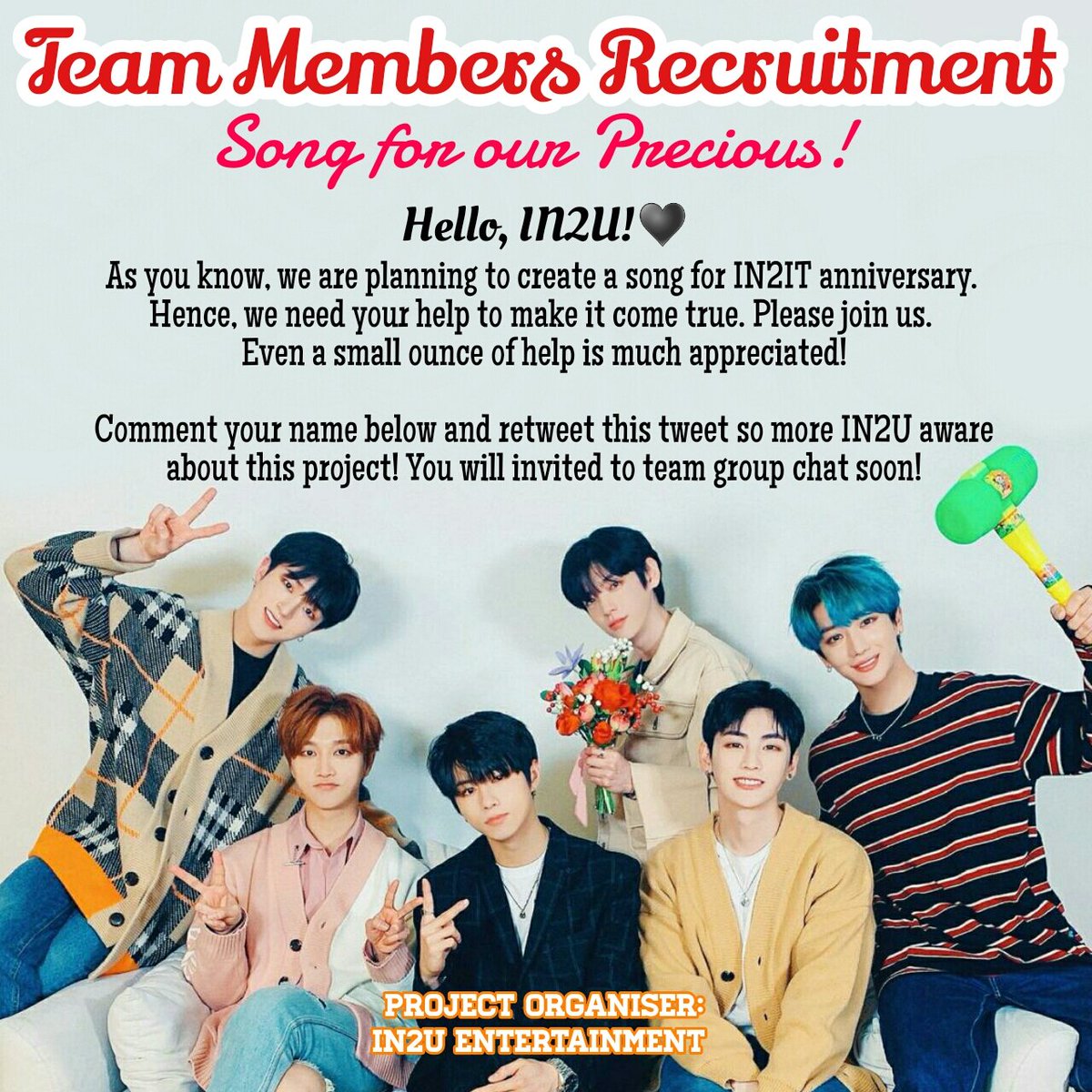 《3rd Years Anniversary Project》
Hello, 
This is IN2U Ent❤

In about 130 days, our precious boys will reach their 3rd years anniversary. We are planning to write a dedication song for them and our preparation is almost complete!

PM us to join our project WhatsApp groupchat!