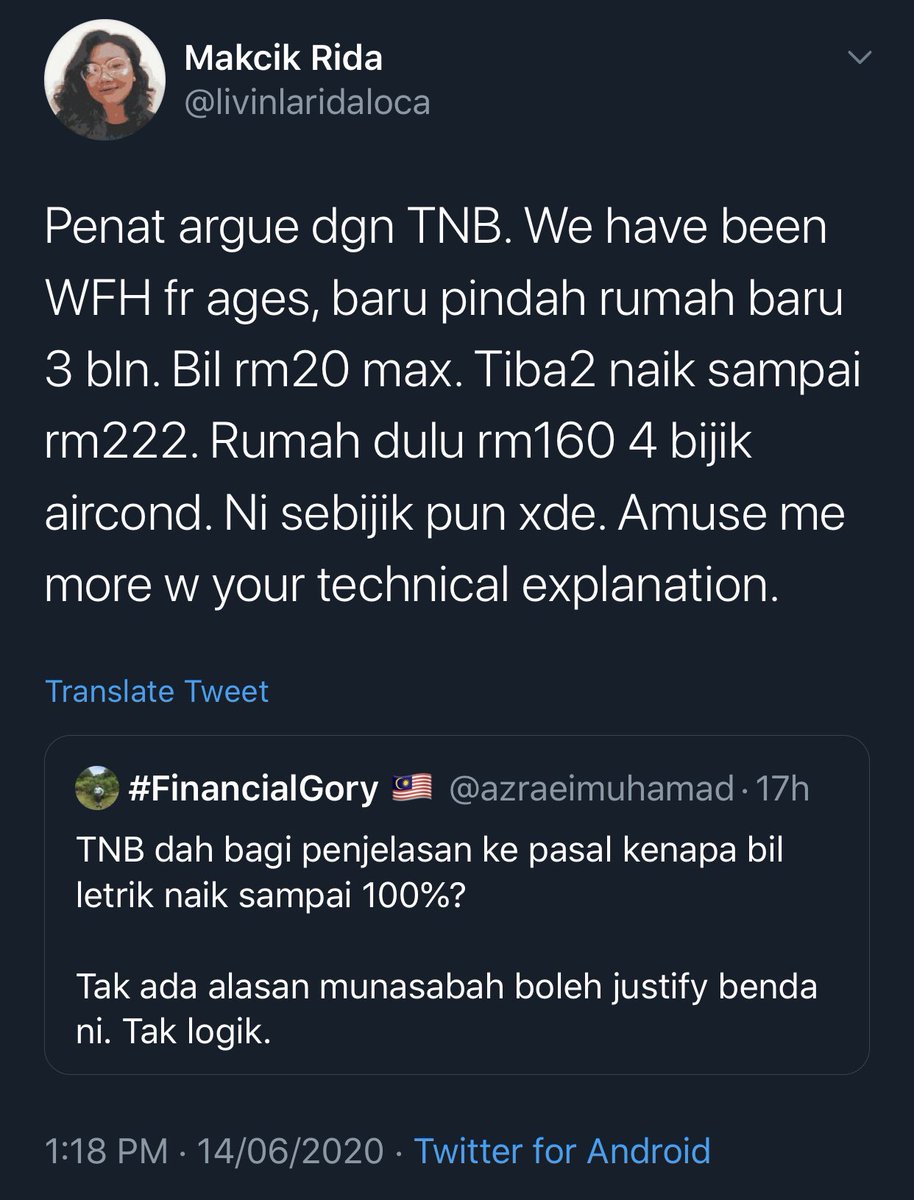 asrulmm's tweet image. Tenaga Nasional spin macam mana pun, kenaikan bil elektrik hingga 600% ni memang tak ada logika. Terima kasih pada kerajaan Abah hangpa melantik menteri yang salahkan pengguna ‘keliru’ dan timbalan yang baru nak suruh siasat.

Kalau Menteri PH dulu, by now dia serang HQ TNB dah