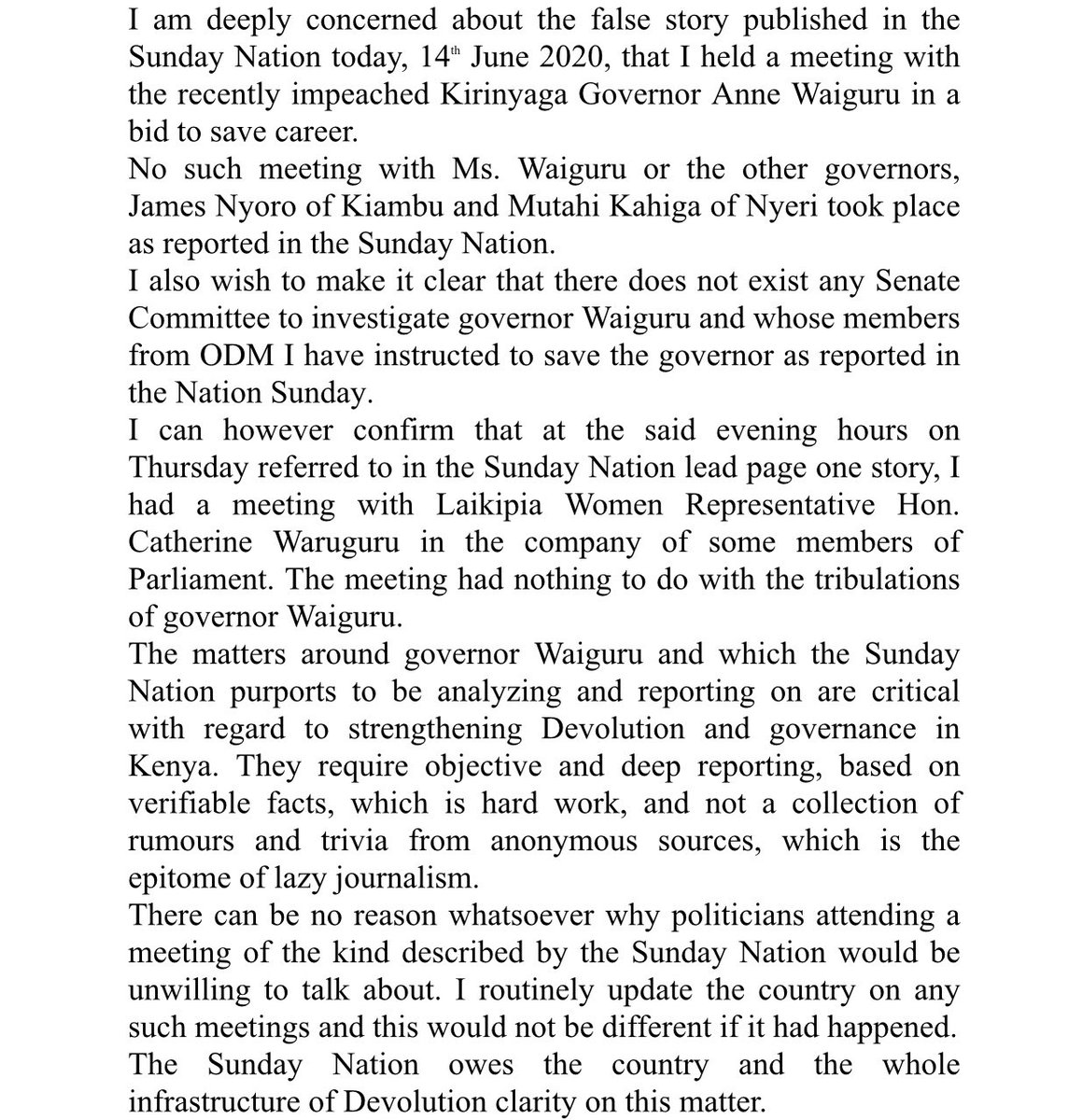 I am deeply concerned about the false story published in the Sunday Nation today.