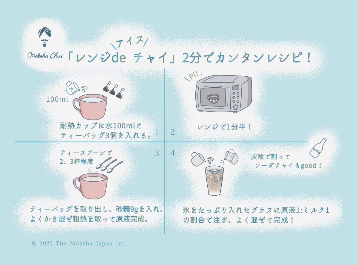 チャイ専門店 Cafe モクシャチャイ中目黒 公式 レンジde時短アイスチャイ 本格派 美味しいアイスチャイが家で今すぐに飲みたい そんなあなたに向けたイラストレシピが完成しました 簡単2分 アイスチャイができチャイます 美味しくできたら