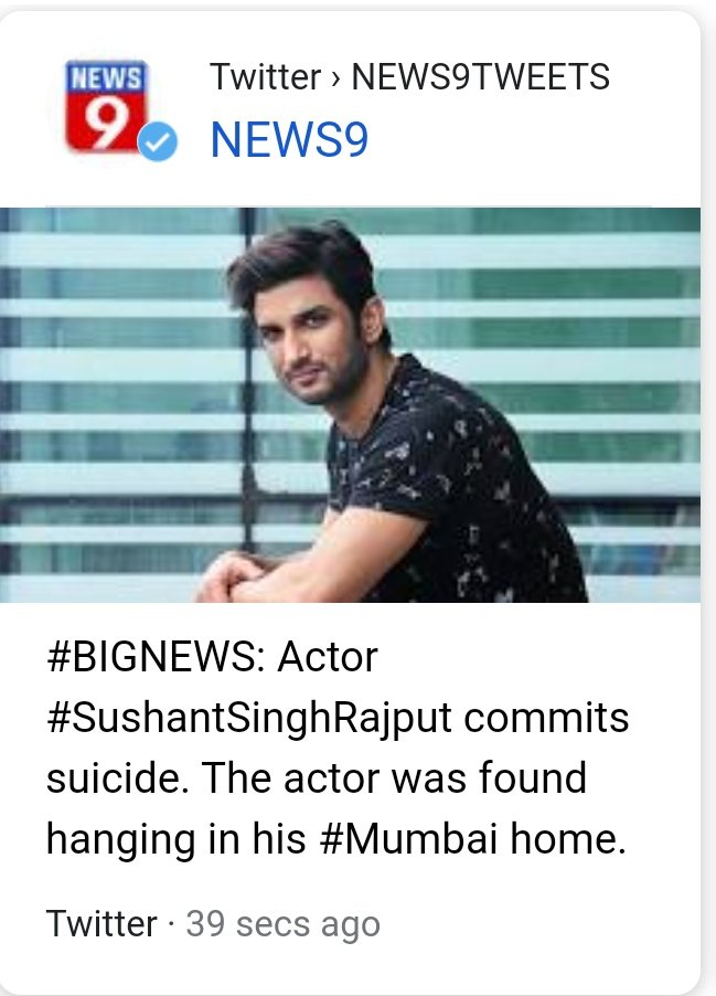 ABHAY_1987's tweet image. Sad news coming from Bollywood, actor Sushant Singh Rajput commits suicide. 
He was just 34 years old.
Will be remembered for one of his finest performance in MS Dhoni- The Untold story. 
Saddening to hear about an actor coming from my home state. 
RIP Sushant. 🙏