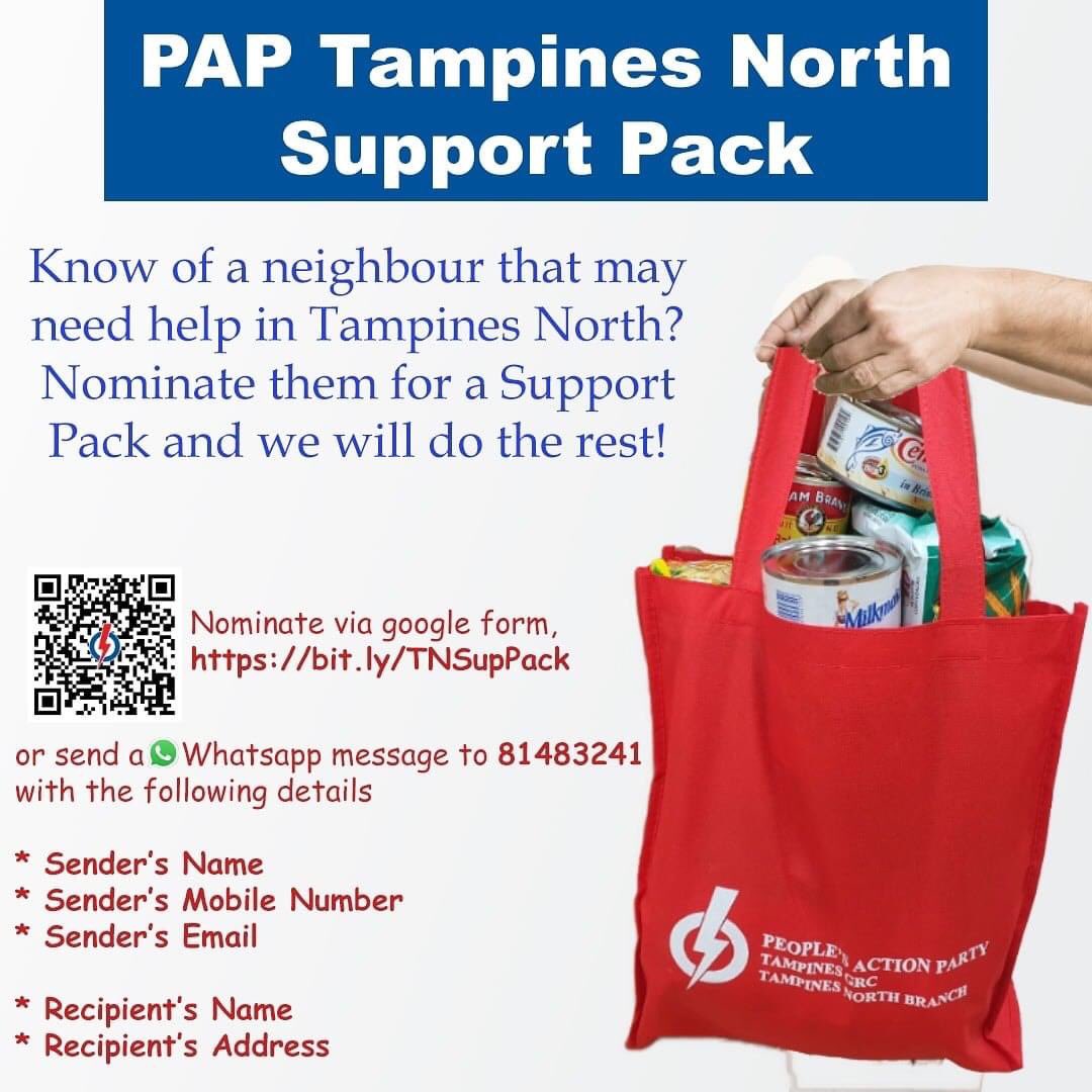 YamKeng's tweet image. Look out for your neighbours. If you think they need help, let us know. 

Nominate them for a support pack and we will do the rest.  Delivery only to addresses in Tampines North.  While stocks last. 

#paptampinesnorth #supportpack #communityservice