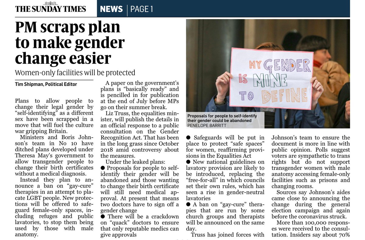 sianberry's tweet photo. The relentlessly transphobic Sunday Times has put this story of Govt backtracking on its front page. I hope this isn’t true, but if it is then Liz Truss must look at her job title in shame. Trans rights are human rights. https://t.co/1gq4cLqKJJ
