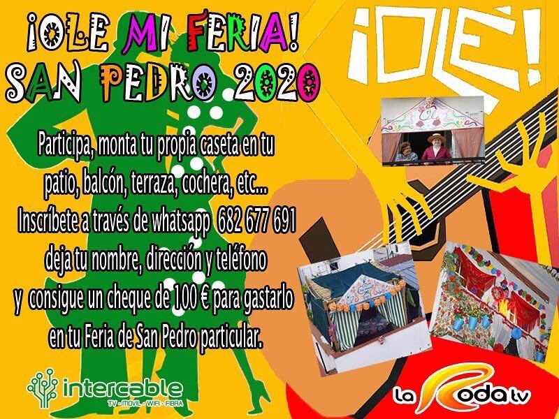 intercablefibra's tweet photo. Recuerda que aún está abierto los plazos para participar en ¡Ole Mi Feria! San Pedro 2020
Participa con nosotros, monta tu propia caseta en tu balcón, terraza, cochera, etc...
Habrá un Jurado para valorar quien se lleva el premio.  
#intercablesiemprecontigo #feriasanpedro2020 https://t.co/Cm2VNBJTlW