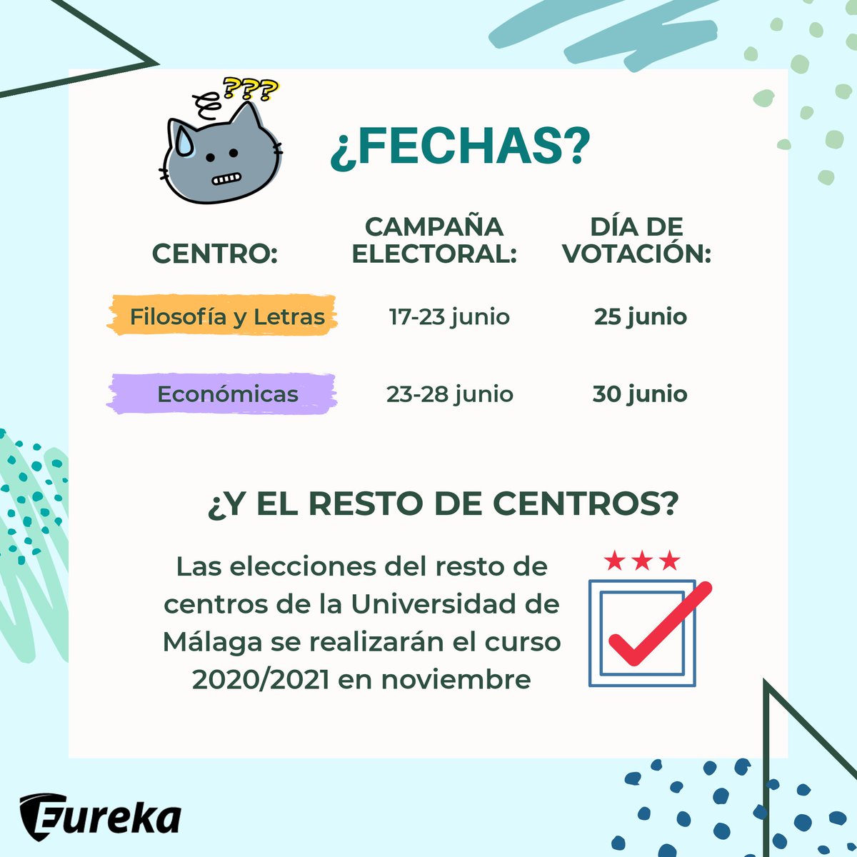 Os informamos que durante este mes  tendremos elecciones a Junta de Centro en <a href="/InfoUMA/">Universidad de Málaga</a> 🚨📢

Por aquí os dejamos los centros y sus fechas para que estéis pendientes estas semanas 🗓✨📢

¡Consultadlo a ver si aparece vuestro centro!