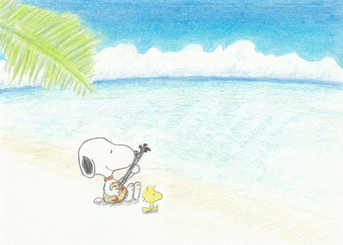 Sima Twitterren 沖縄の海で三線を弾いているところを描きました