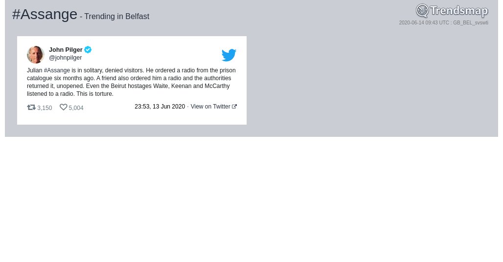 TrendsBelfast's tweet photo. #assange is now trending in #Belfast

https://t.co/3L6qw6BSp4 https://t.co/cYpBLDg8Rw