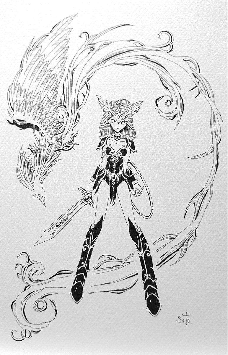 佐藤ピヨひこ ごまたろう改め 毎週一枚白黒イラスト 今週はマドゥーラの翼です 女の子は主人公のルシア 後ろの鳥はマドゥーラの翼イメージ マドゥーラはサン電子のファミコンゲームですね けっこう難しい 僕は未だに2面までしか行けません