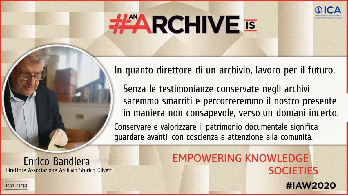 ArchOlivetti's tweet photo. Concludiamo la #IAW2020 a cura di @ICArchiv come l'abbiamo iniziata, riflettendo sugli #archivi 😃

Per noi di @ArchOlivetti, che custodiamo e valorizziamo la #StoriaDiInnovazione #Olivetti, il comune denominatore è il #futuro.

#AnArchiveIs #future e ne siamo sempre più sicuri💡 https://t.co/CDD629xTFV