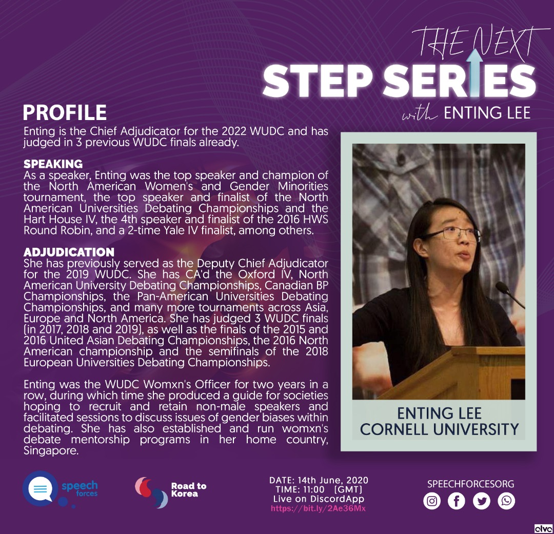 speechforcesorg's tweet photo. In today's session on the next step series, Enting Lee will be tackling a crucial part of debating. CAP functions and adjudication in general will make or break a tournament so you really don't want to miss out on this.

https://t.co/0afPyyc0Kt

 #NextStepWithSpeechForces https://t.co/irzqK4mjvA