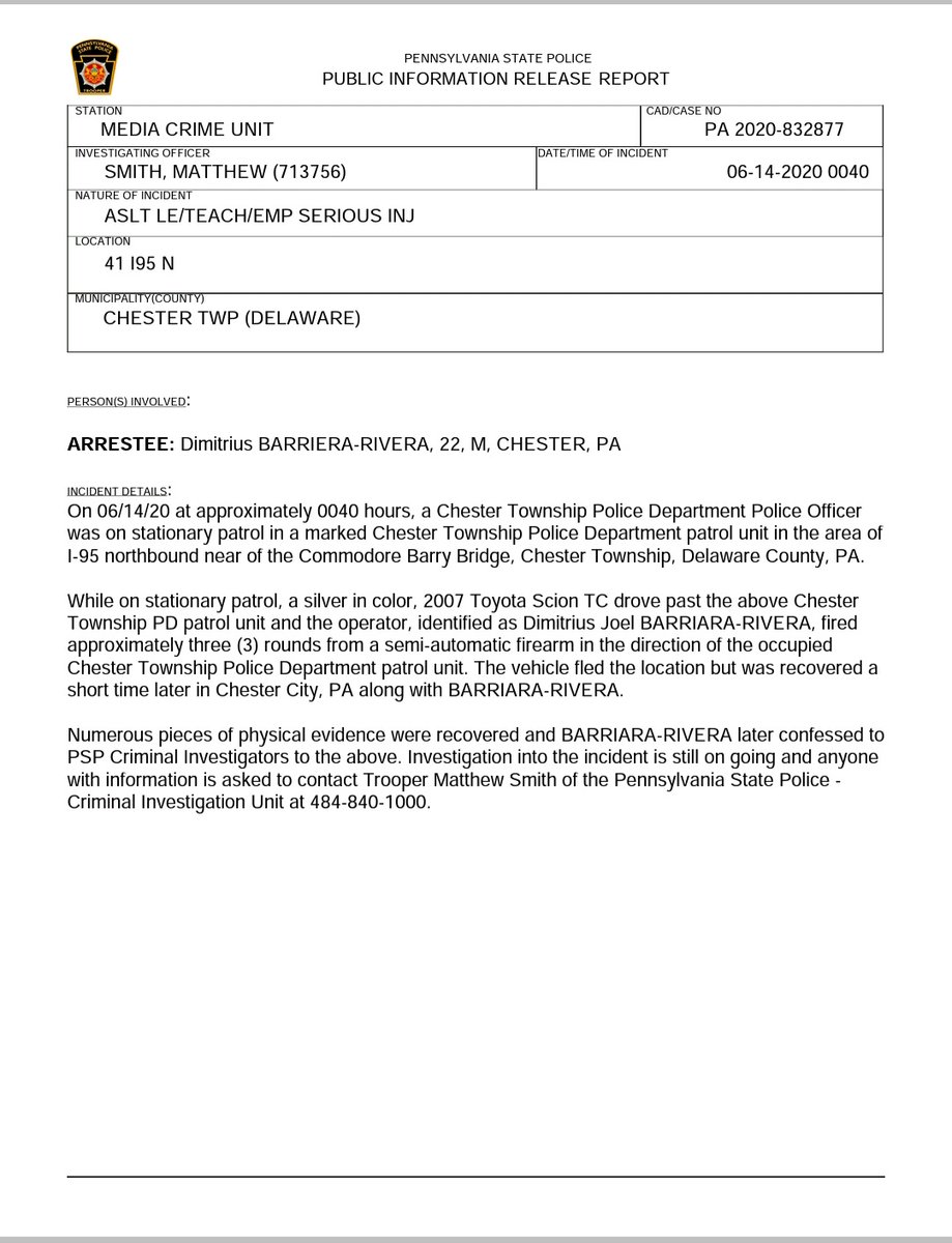 The below information is being disseminated for immiedate release regarding a shooting that occurred on I-95 in Delaware Co. Fortunately no one was hurt and the suspect was later apprehended. <a href="/6abc/">Action News on 6abc</a> <a href="/MattPetrillo/">Matt Petrillo</a> <a href="/JanCarabeoCBS3/">Jan Carabeo</a> <a href="/JoeHoldenCBS3/">Joe Holden</a> <a href="/JeffColeFox29/">Jeff Cole</a> @6abcJeannette