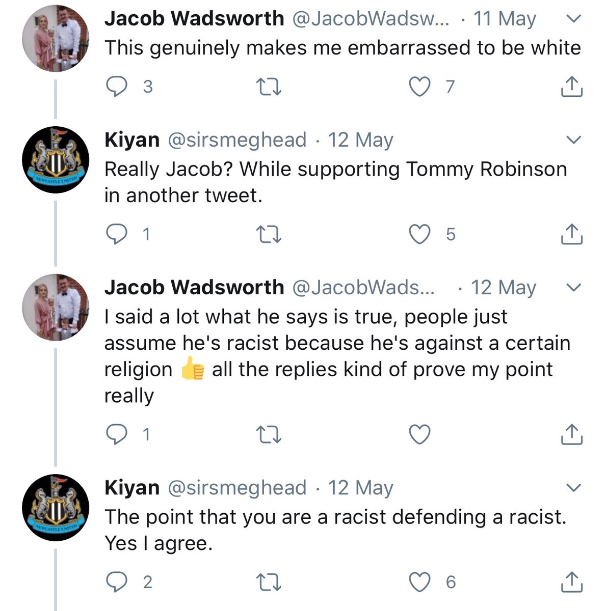 sirsmeghead's tweet photo. Badge of honour. Got blocked by a so called Leeds fan. Jacob Wadsworth from Heckmondwike who tweeted to Ian Wright he was "embarrassed to be white" because of the racist abuse Ian suffered. While vehemently endorsing and defending Tommy Robinson. https://t.co/nNVnZYHFCy