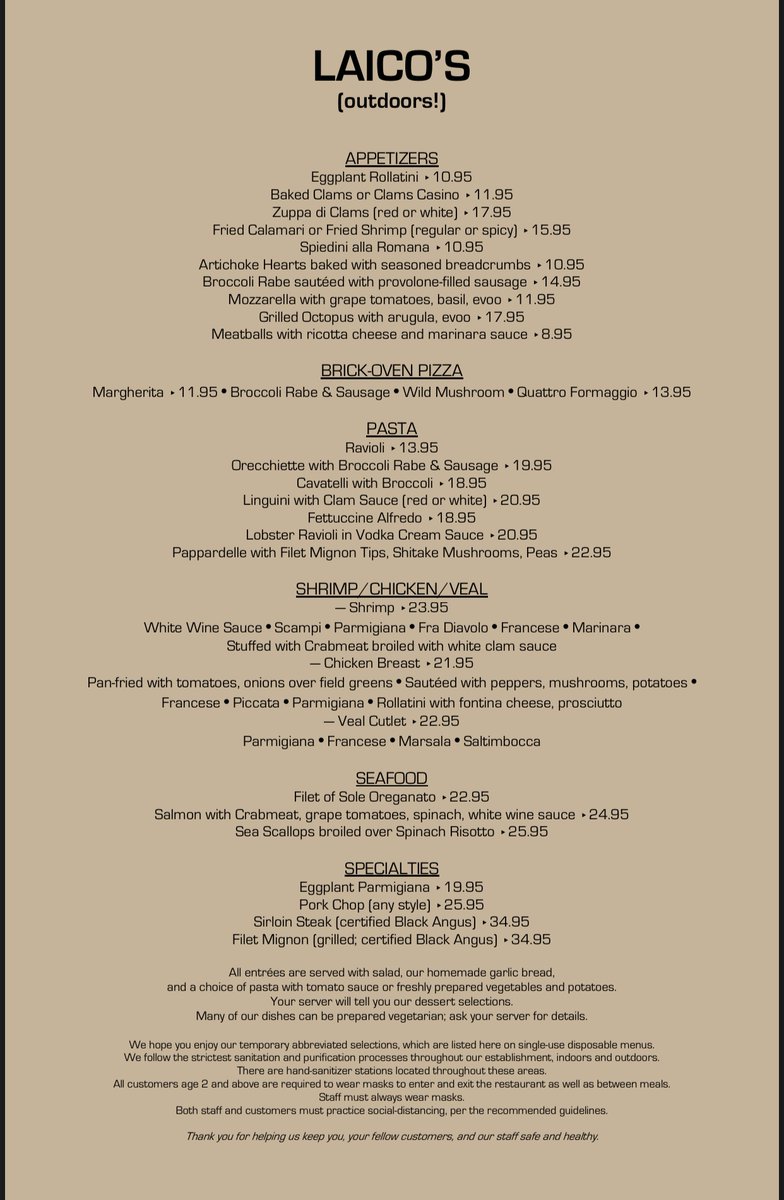 LaicosJC's tweet photo. It's almost time! Here's a sneak peak at our outdoor dining menu! Don't forget to call for reservations (to limit crowds waiting for tables), and if you can't join us onsite, we are offering take out! https://t.co/TpTvSN58DM