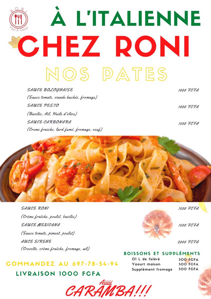 Dishco237's tweet photo. Le restaurant Chez Roni nous propose un voyage culinaire à travers ses délicieuses Pâtes à L’italienne😍
📍Soa entrée IBI
🕰 8h - 20h
📞 +237697785494
#FastAndGood
#RoniRestaurant
#Dishco
#DigitalShareContents https://t.co/P0CfVuxXg2
