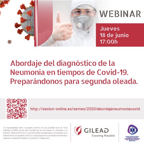 infurgsemes's tweet photo. Abordaje del diagnóstico de la Neumonía en tiempos de Covid-19. Preparándonos para segunda oleada. Podrás entrar al webinar a través del enlace 30min antes de comenzar para registrarse —->  https://t.co/RPDIJgm1Zo Jueves 18 de junio a las 17:00h @SEMES_ @SemesMir https://t.co/LiLqWQ3Tno