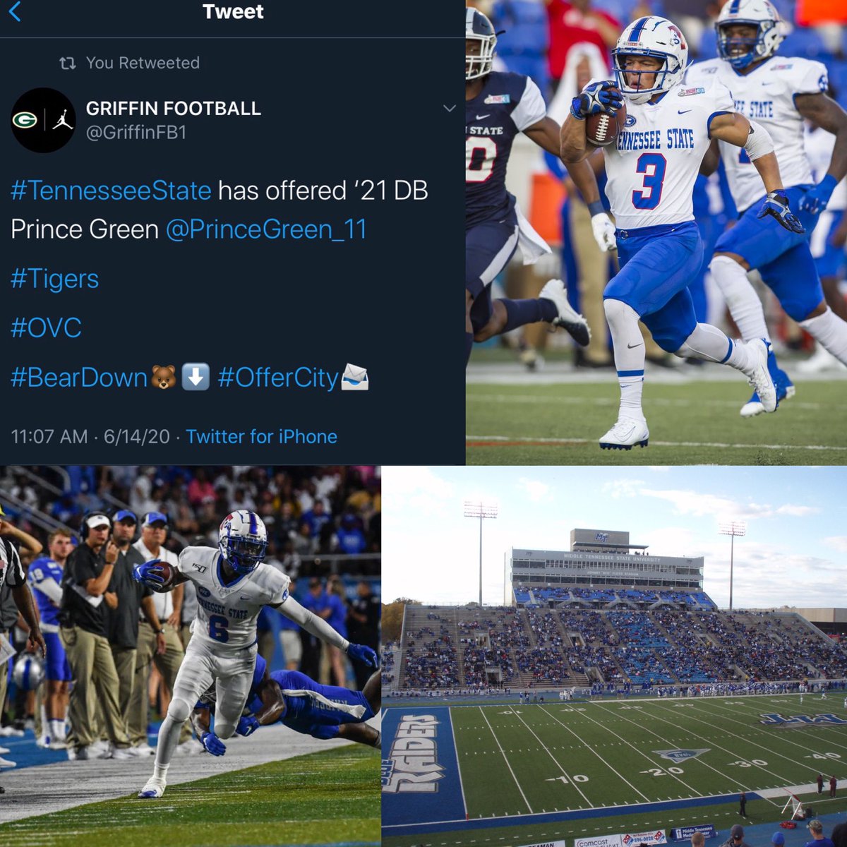 PrinceGreen_11's tweet photo. Blessed to receive an offer from Tennesse State🔵! @CoachReid99 @andrewsDBU @_Coach_O @CoachAhmaad @MTFB_Recruiting @GriffinFB1 https://t.co/uROPmwyB4Z