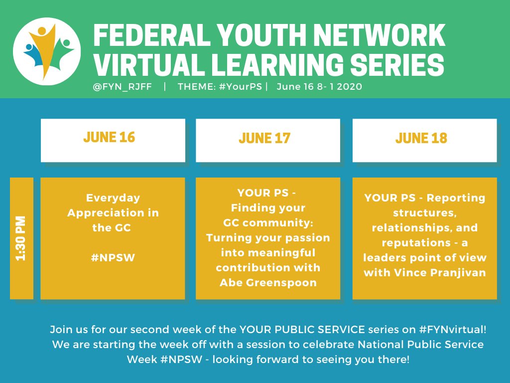 Join us for our second week of the YOUR PUBLIC SERVICE series on #FYNvirtual! We'll be starting the week off with a session to celebrate National Public Service Week #NPSW - looking forward to seeing you there!

With special guests: <a href="/worldofabe/">Abe</a> <a href="/VincePranjivan/">Vince Pranjivan</a>