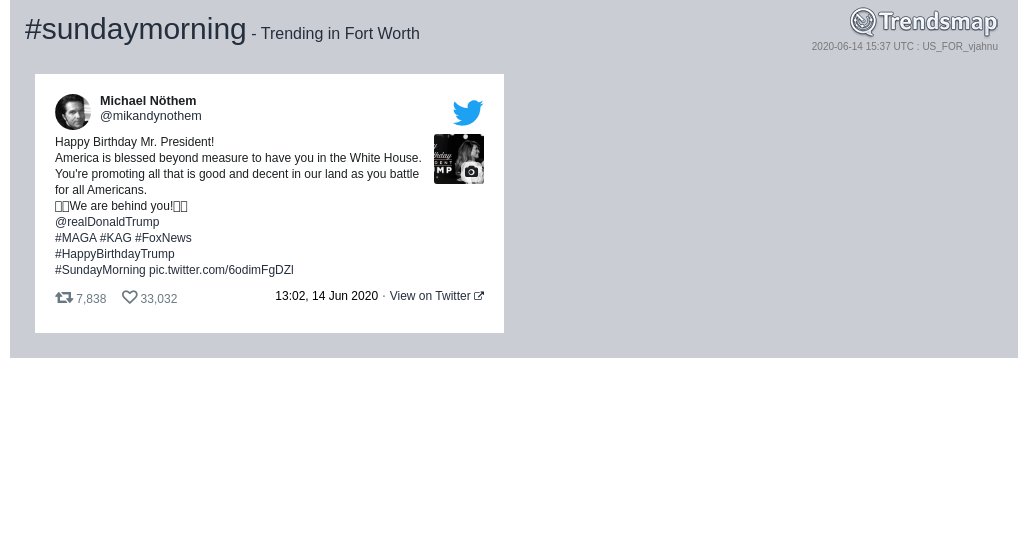 TrendsFortWorth's tweet photo. #sundaymorning is now trending in #FortWorth

https://t.co/7QFKBZMsgQ https://t.co/HxZcfKDWSZ