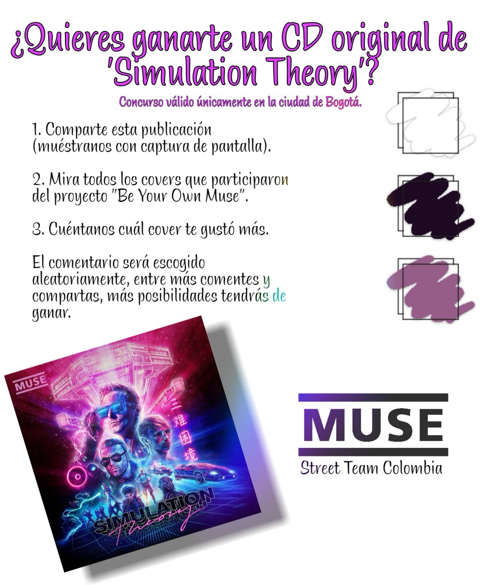 MusestColombia's tweet photo. 🚨🚨¡Hola! ¿Vives en Bogotá y te gustaría ganarte un CD de Simulation Theory? Ve a este enlace y participa. 🚨🚨

https://t.co/yWTnsP7kNM 

#Muse #Colombia #WarnerMusicCol https://t.co/cTAramnpQz
