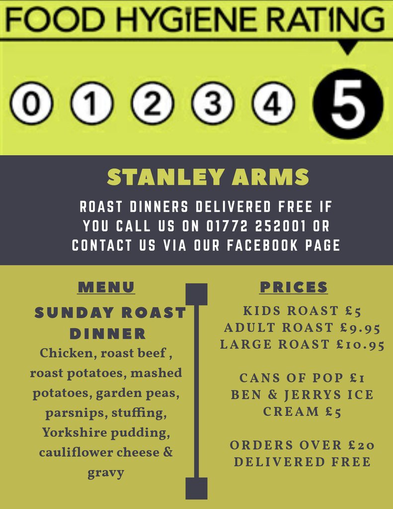 PCW_UK's tweet image. Help a local business out and give this a RT #Preston area? The Stanley Arms are delivering Sunday Roast Dinners