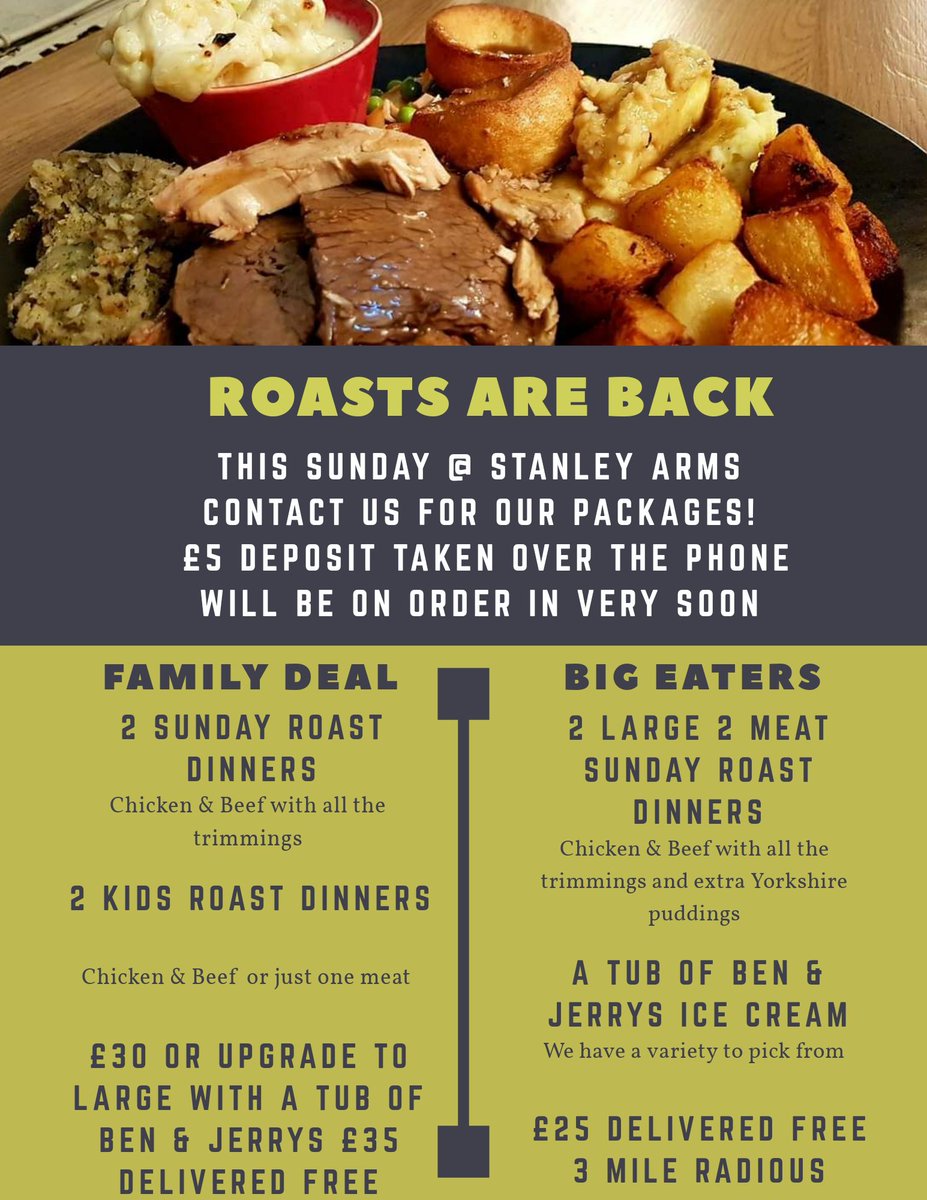 PCW_UK's tweet image. Help a local business out and give this a RT #Preston area? The Stanley Arms are delivering Sunday Roast Dinners