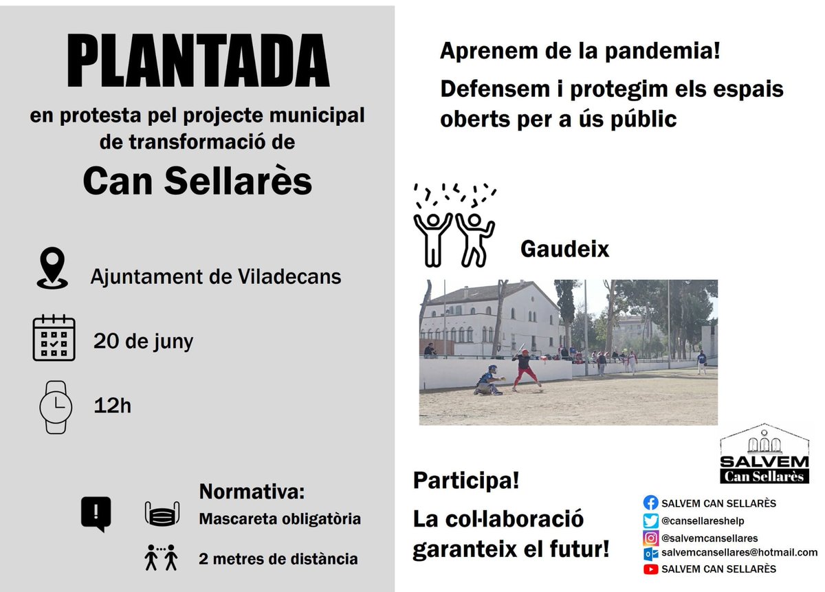 cansellareshelp's tweet photo. 📢 20/06/20 a les 12h🕛 farem una plantada en protesta del projecte urbanístic de Can Sellarès
📍Davant de l'Ajuntament de #Viladecans
🗣 Ara més que mai és important la vostra col·laboració! Aprenem de la #pandemia 

#Gava
#BaixLlobregat 
@SalvemElCalamot 
@salvemoliveret https://t.co/DRPJ3xXQPv