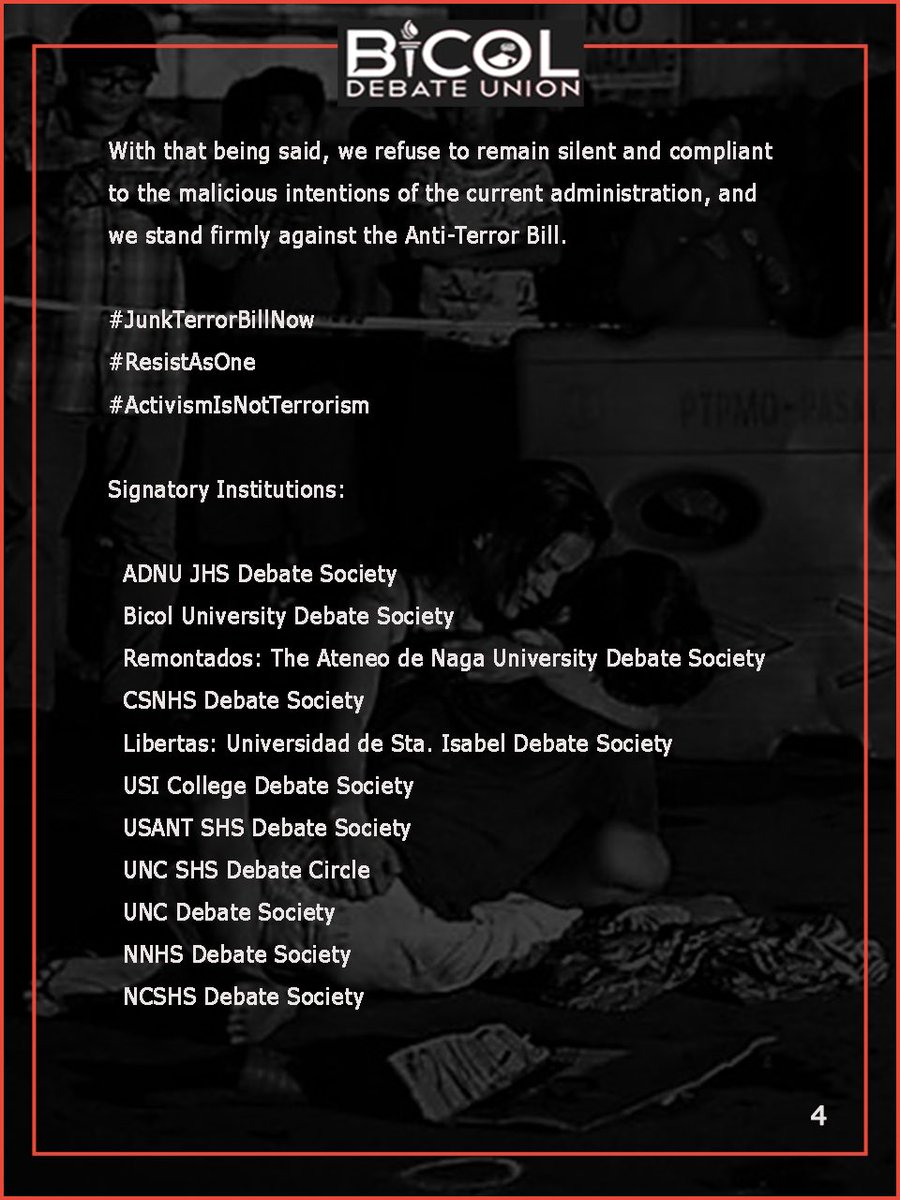 _OfficialBDU's tweet photo. Here is the Bicol Debate Union’s official unity statement against the Anti-Terror Bill! 

The updated list of institutions co-signing is found at the replies section of this tweet.

Full story: https://t.co/SjiFQHK9Ot

#JUNKTERROBILLNOW #IbalikAngKalayaan https://t.co/lqqED4VGk9