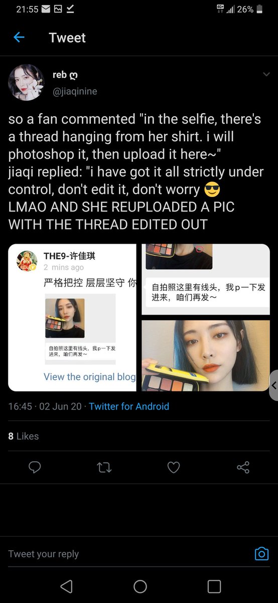 Jiaqi has a really close relationships with her fans, ever since the show ended she posts on weibo everyday and makes sure to interact with us