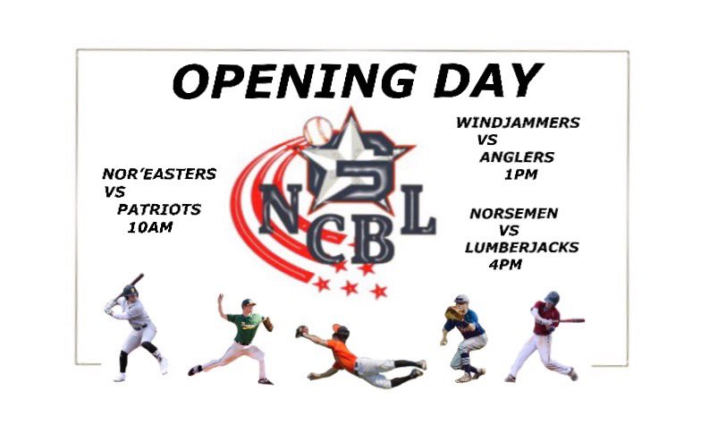HAPPY OPENING DAY!

All six teams in action today. Starting off with a rematch of last year’s championship series...

⚾️Patriots vs. Nor’easters
⏰10 AM

⚾️Windjammers vs. Anglers
⏰1 PM

⚾️Norsemen vs. Lumberjacks
⏰4 PM

📍Westbrook High School

#baseballisback