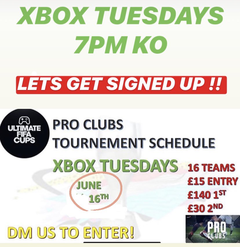 GUYS ITS THAT TIME AGAIN 🚨 

🟢XBOX TUESDAYS🟢

PRO CLUBS TOURNEY 

🕰16th - 7pm KO🕰

£15 entry
£100 + Prize 🏆 

DM US TO ENTER 📥
WANT BIGGER PRIZES? SPREAD THE WORD 🔊 

#proclubs #fifa #fifa20 #football #soccer #proclubstournaments

<a href="/EuropeFifa/">fifa_tournaments_europe</a>