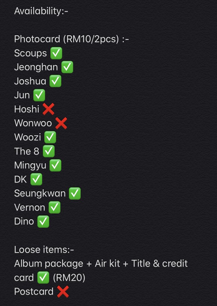 hanseol29's tweet photo. [PLS HELP RT🙏🏻]
Looking for Carats to share SEVENTEEN '헹가래[Heng:garæ] Kihno kit loose items🥺

•price on the pic (exc postage)
•will only proceed if 80% is taken
•pls dm me if ur interested~^^

#SEVENTEENinKL #SEVENTEENinMY #ODETOYOUinKL #ODETOYOUinMY https://t.co/1oNpW2jqUg
