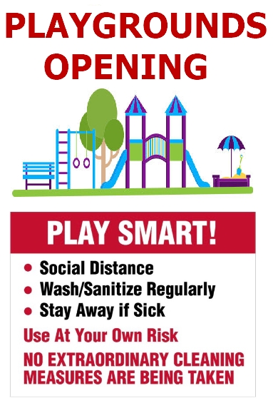 Independence_KY's tweet photo. Playgrounds have reopened. Note that NO EXTRAORDINARY CLEANING MEASURES are being taken as there is no practical way to keep them disinfected. Use  equipment at your own risk. Wash hands/sanitize &amp; social distance. Please do not use the equipment if feeling sick. https://t.co/fFl9BLVnxD
