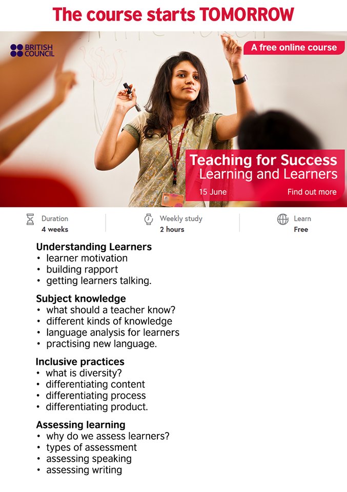 TeachingEnglish's tweet photo. This free @BritishCouncil / @FutureLearn course – which starts tomorrow – will broaden your understanding of how to teach English.
👉 Find out about the course and join it here: https://t.co/EefhbWBQDK
#FreeOnlineCourse #FLsuccessfulLessons https://t.co/CzvJQHDS8W